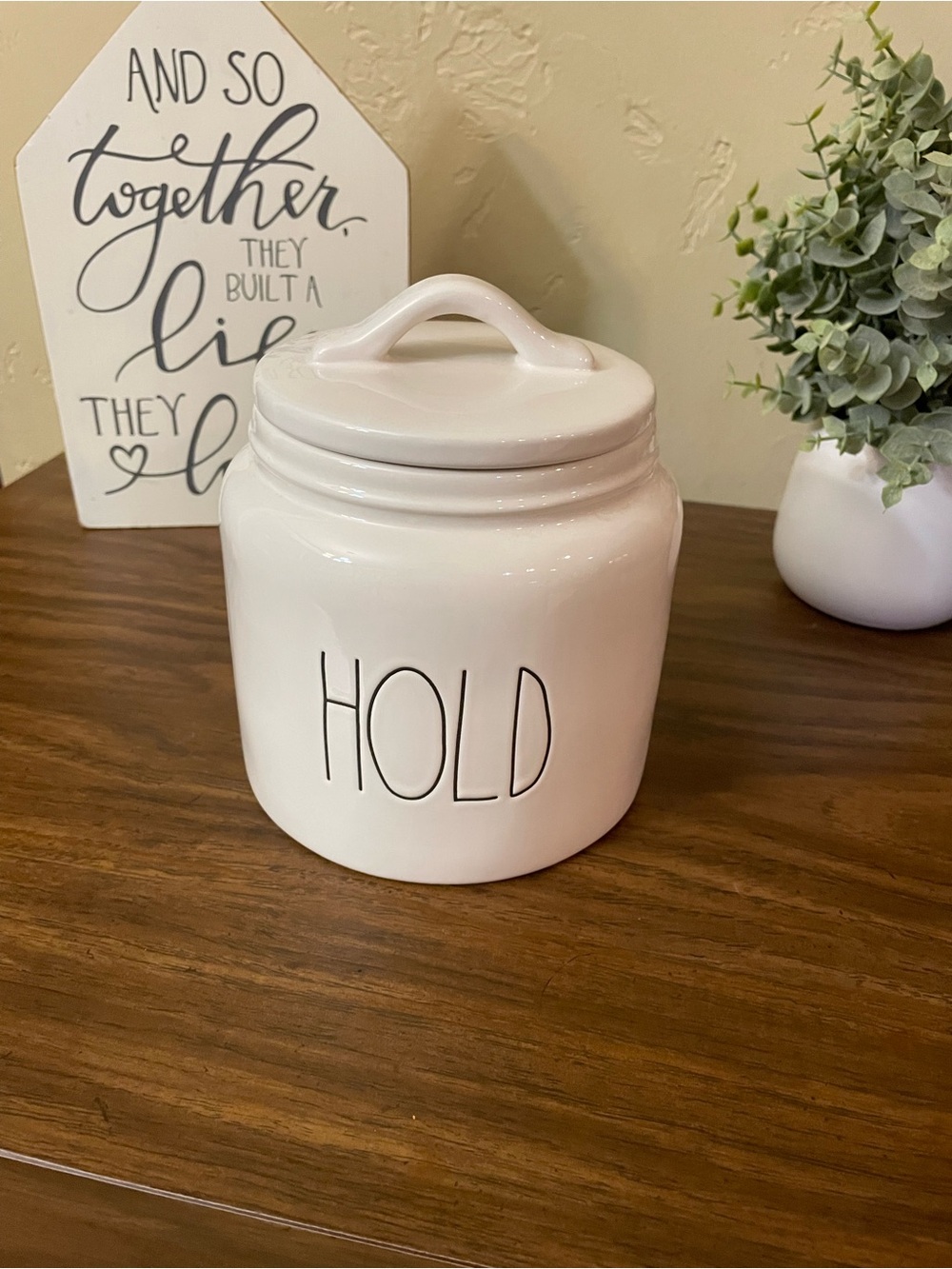 Rae Dunn White Ceramic Canister with Black 'HOLD' Lettering